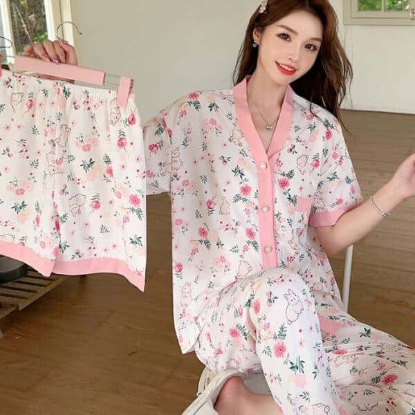 Kawaii Three Piece Pajama Set Floral Tulip