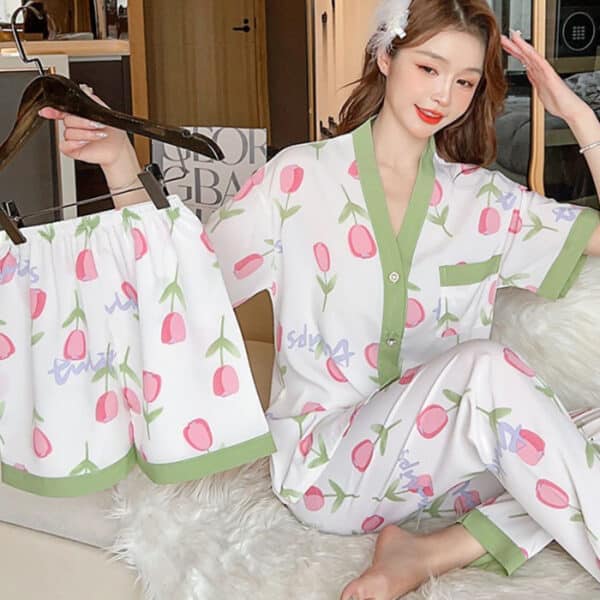 Kawaii Three Piece Pajama Set Floral Tulip