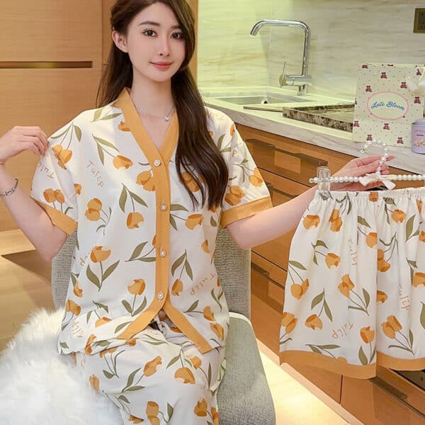 Kawaii Three Piece Pajama Set Floral Tulip