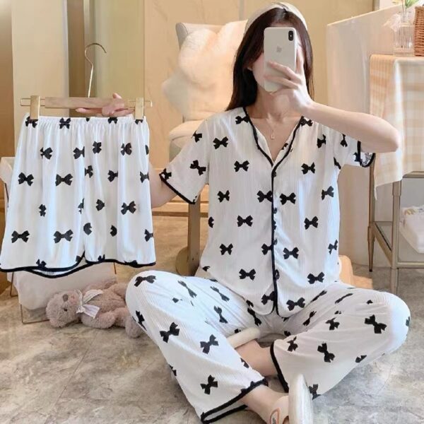 Cute Black Bownot Pajamas Set Long Sleeves