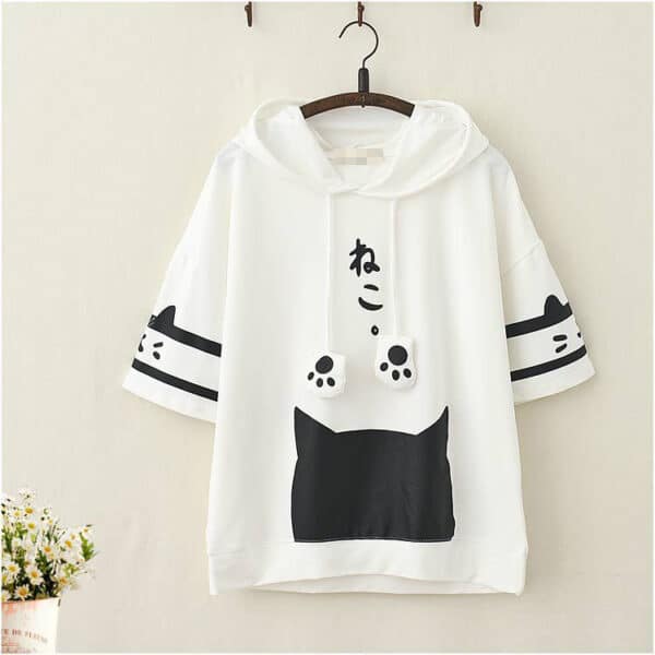 Kawaii Cat Sweatshirt Short Sleeves Black