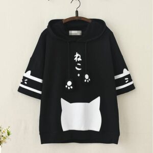 Kawaii Cat Sweatshirt Short Sleeves Black with Ears