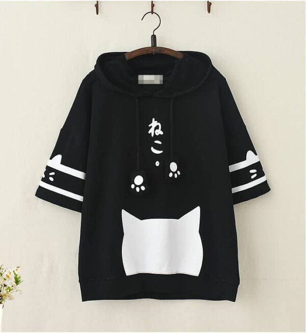 Kawaii Cat Sweatshirt Short Sleeves Black with Ears