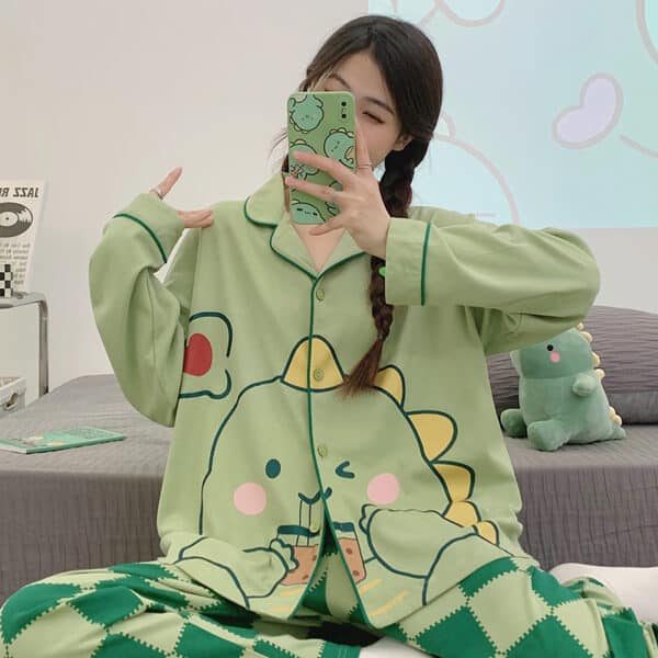 Green Dinosaur Pajamas Long Set with Buttons