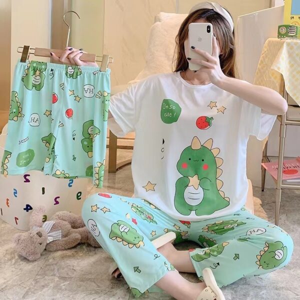 Cute 3 Piece Pajama Set Dino | Top, Long Pants and Shorts