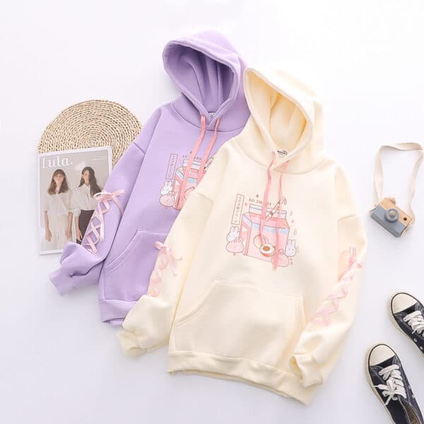 Kawaii Bunny Pullover & Japanese Peach Drink Design with Hood