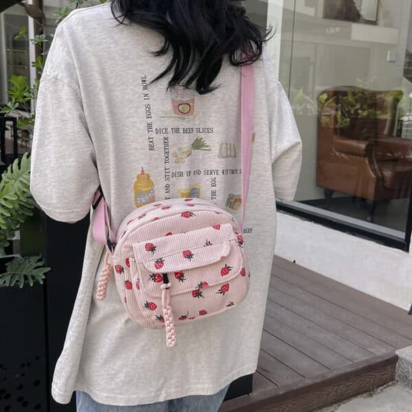 Pink Corduroy Strawberry Messenger Bag