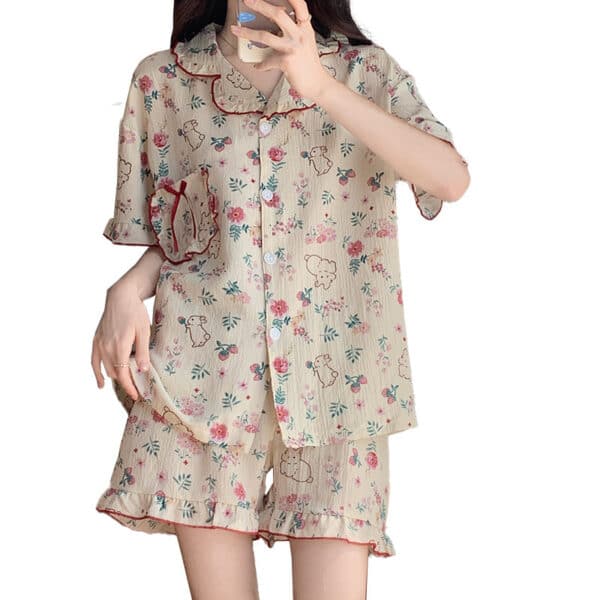 Cute Cottagecore Pyjamas | Short Sleeved "Floral Bunnies"