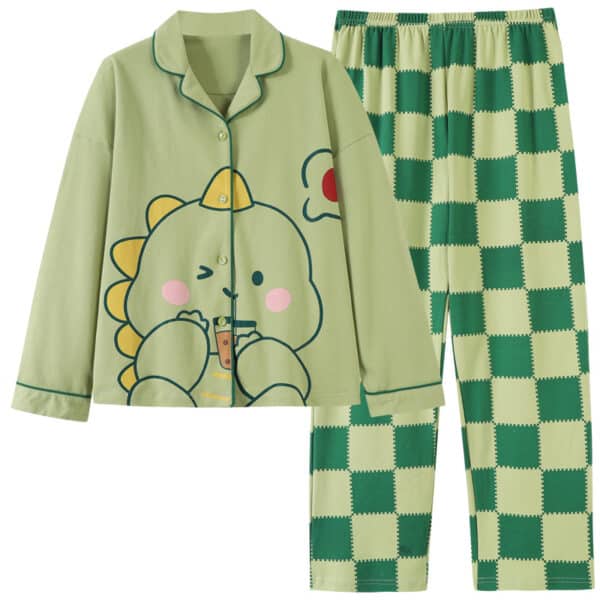 Green Dinosaur Pajamas Long Set with Buttons