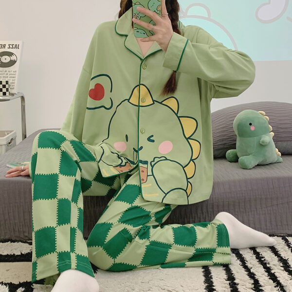 Green Dinosaur Pajamas Long Set with Buttons