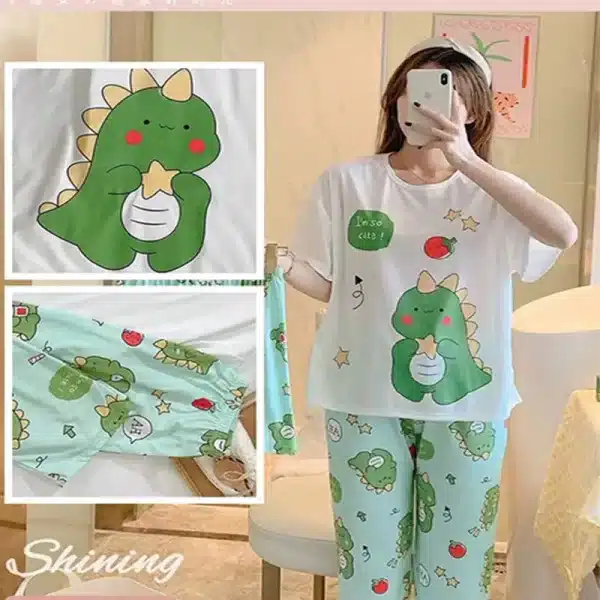 Cute 3 Piece Pajama Set Dino | Top, Long Pants and Shorts