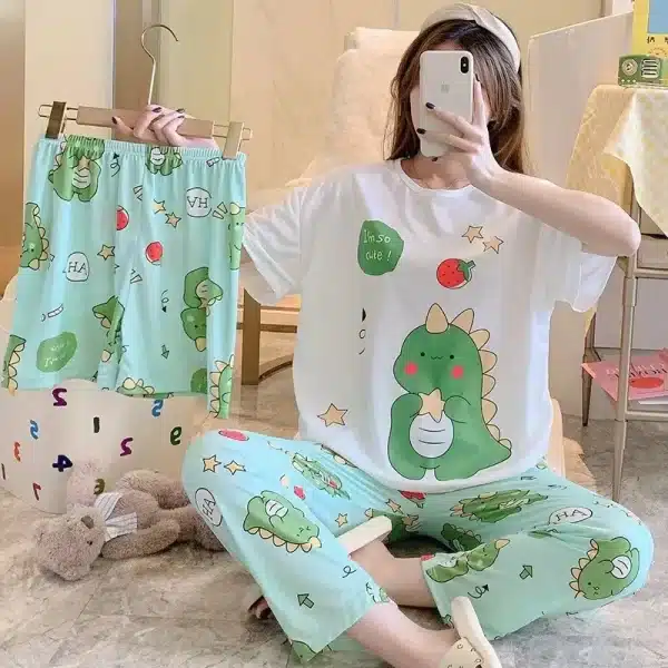 Cute 3 Piece Pajama Set Dino | Top, Long Pants and Shorts