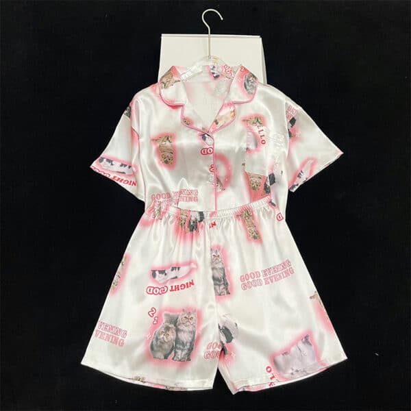 Summer Cat Pjs Set | Silk Short Sleeved