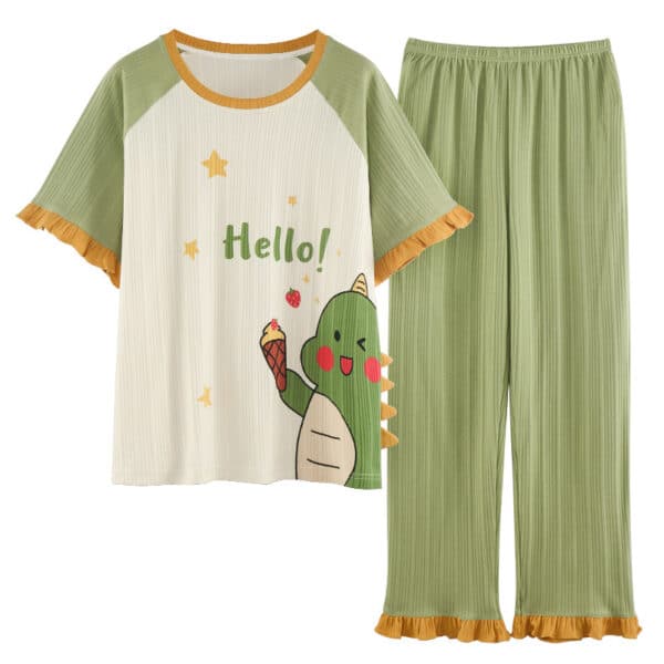 Kawaii Dinosaur Pjs Set | Green Beige