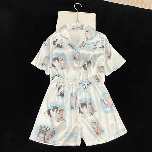 Summer Cat Pjs Set | Silk Short Sleeved