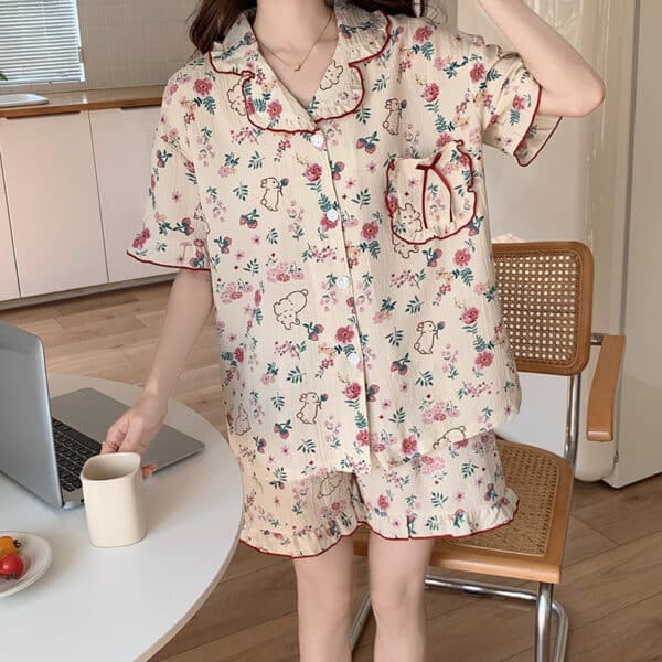 Cute Cottagecore Pyjamas | Short Sleeved "Floral Bunnies"