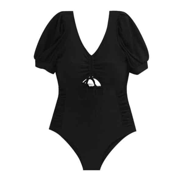 Black One Piece Bathing Suit with Puff Sleeves