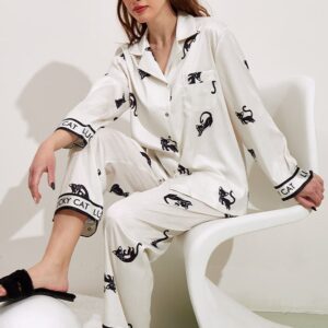 Black Cat Pajama Set Suit Homewear | Long Sleeved