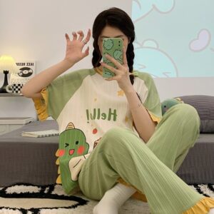 Kawaii Dinosaur Pjs Set | Green Beige