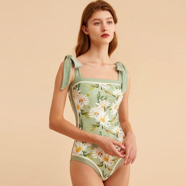 Floral Retro One Piece Square Cut with Bows