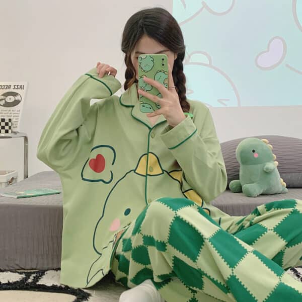 Green Dinosaur Pajamas Long Set with Buttons