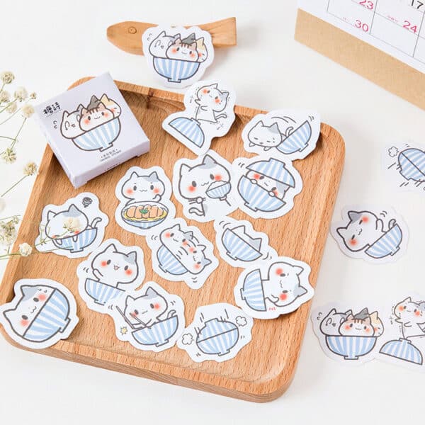 A Bowl of 50 Cat Stickers | Cat & Asian Food Themed