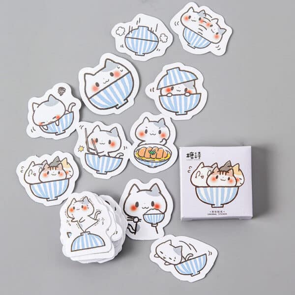 A Bowl of 50 Cat Stickers | Cat & Asian Food Themed