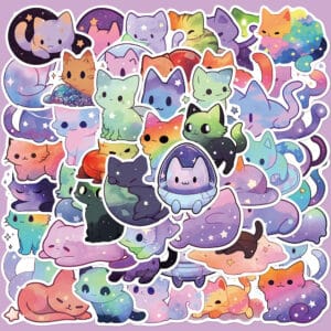 Space Cat Stickers 50Pcs | Colorful Sky & Stars Theme