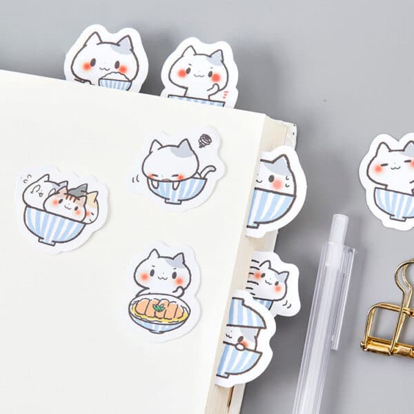 A Bowl of 50 Cat Stickers | Cat & Asian Food Themed