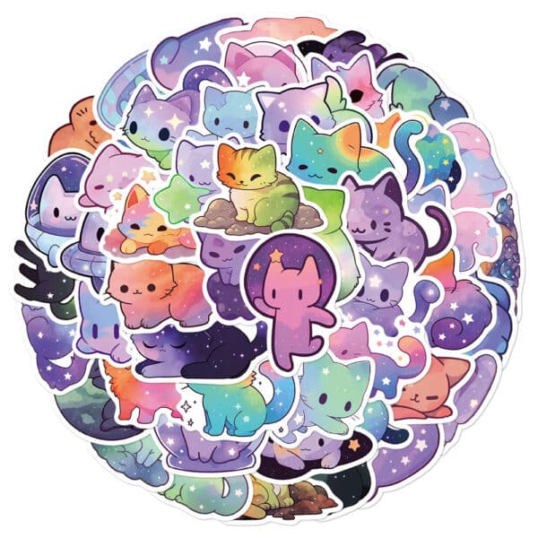 Space Cat Stickers 50Pcs | Colorful Sky & Stars Theme